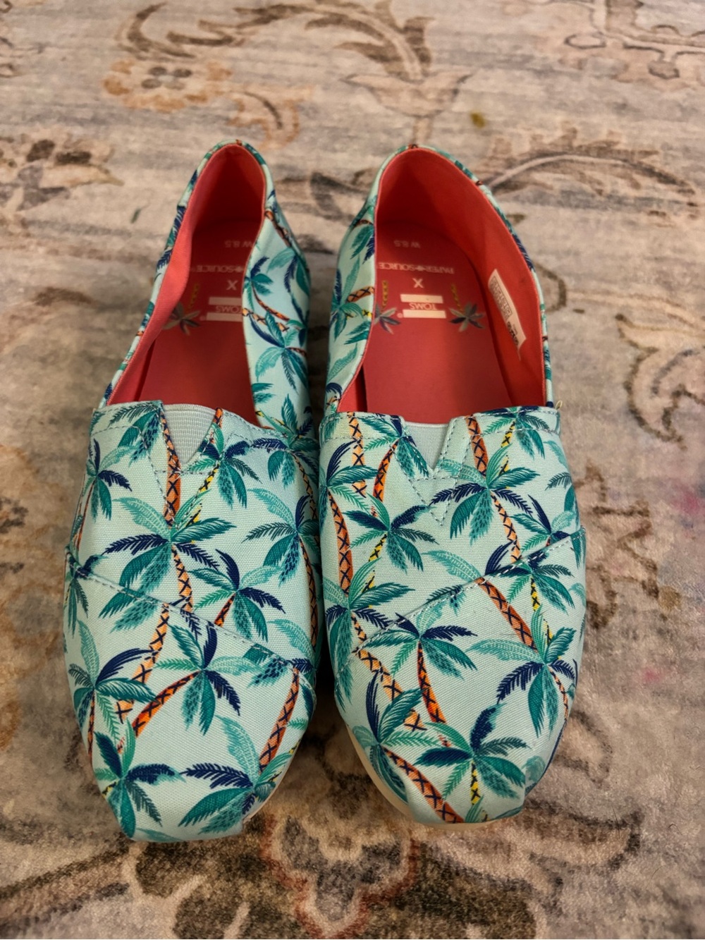 Toms Palm-Print Canvas Slip-Ons in Aqua with Coral Insole